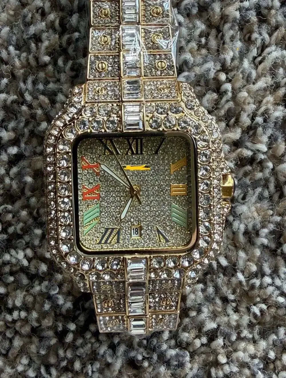 Iced Out Gold-Tone Square Wristwatch with 925 prongs. MENS LUXYRY WATCH